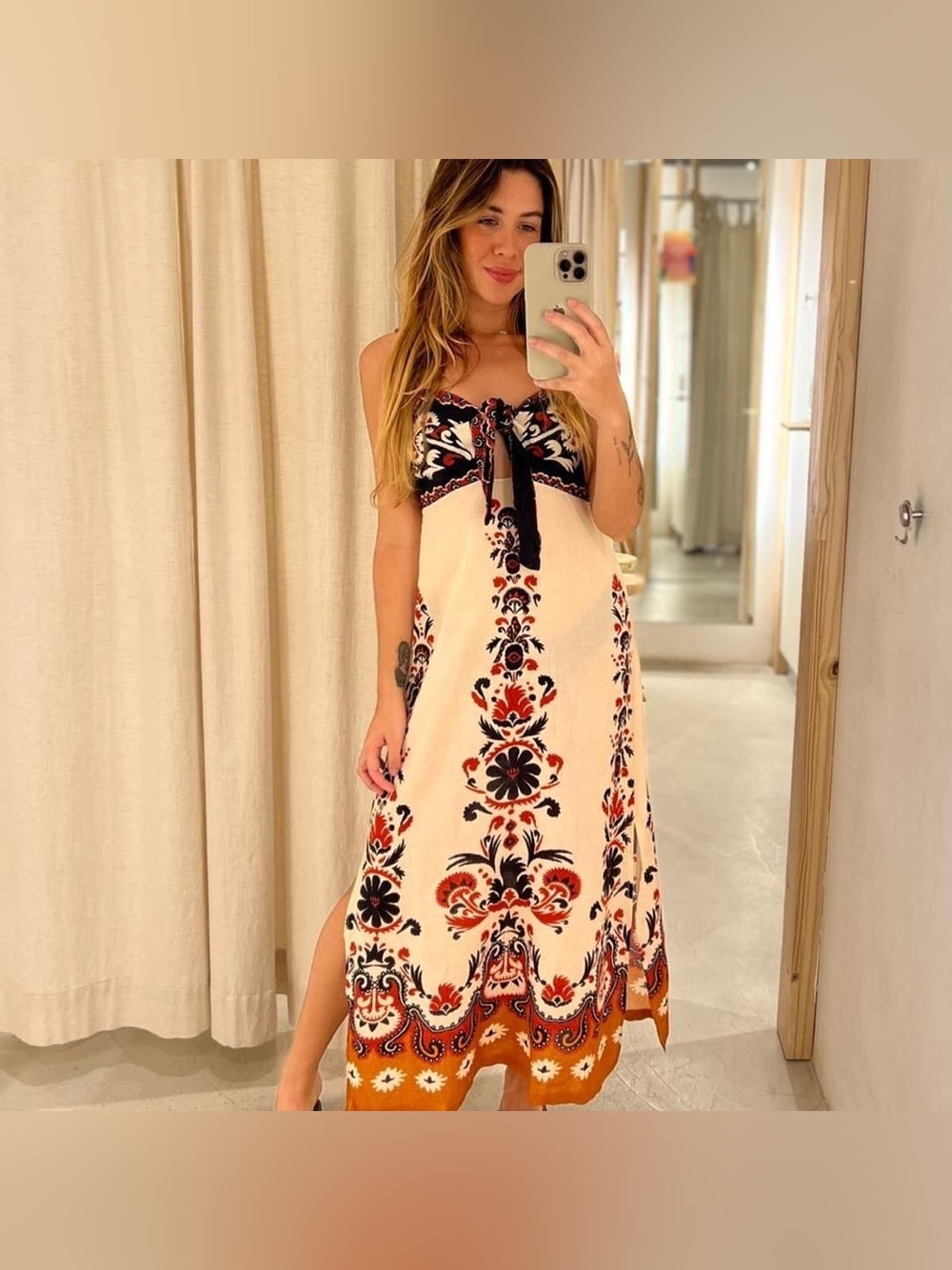 FARM RIO Tapete de Flor Floral Midi Maxi Dress Cream Navy Red Size Medium